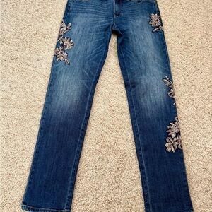 White House Black Market Sequin Floral Embroidered Straight Leg Jeans - Blue
